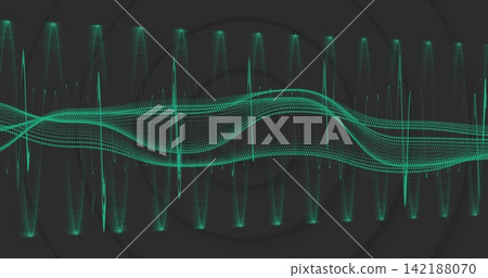Animating teal waveform sweeping on charcoal background with dotted layers, spikes, ripple rings Animating teal waveform sweeping on charcoal background with dotted layers, spikes, ripple rings 142188070