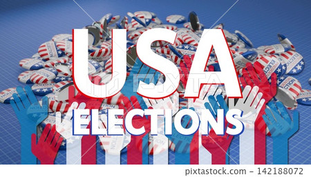 Displaying bold USA ELECTIONS type on blueprint grid, surrounding campaign buttons and raised hands Displaying bold USA ELECTIONS type on blueprint grid, surrounding campaign buttons and raised hands 142188072