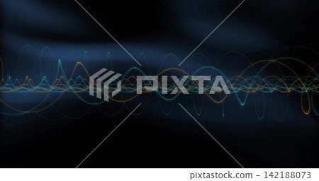 Animating abstract waveform spanning navy backdrop, featuring cyan teal gold curves, dotted nodes Animating abstract waveform spanning navy backdrop, featuring cyan teal gold curves, dotted nodes 142188073