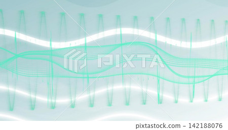 Displaying layered teal waveform structure flowing across pale cyan gradient, with dotted pillars 142188076