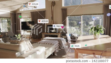 Showing open-plan living-dining area basking in sunlight, featuring cream sofa, wood stove, AR UI Showing open-plan living-dining area basking in sunlight, featuring cream sofa, wood stove, AR UI 142188077
