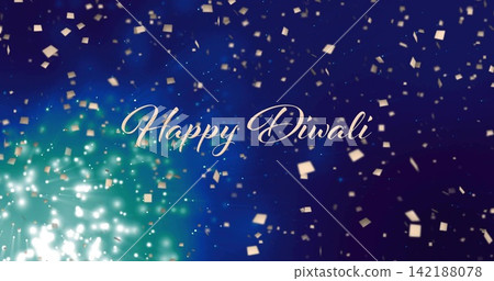 Glowing pale-gold cursive Happy Diwali floating on digital card, with teal burst, gold confetti Glowing pale-gold cursive Happy Diwali floating on digital card, with teal burst, gold confetti 142188078