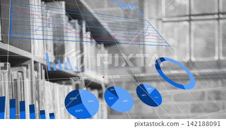 Floating augmented reality blue pie charts and donut over study interior, with bookshelf and window Floating augmented reality blue pie charts and donut over study interior, with bookshelf and window 142188091