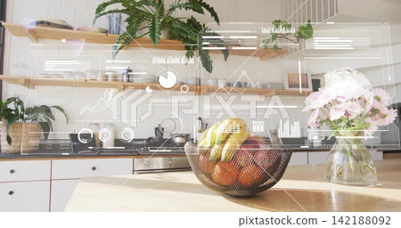 Mesh fruit bowl on counter, sunlight activating tech HUD with charts analyzing fruits for nutrition Mesh fruit bowl on counter, sunlight activating tech HUD with charts analyzing fruits for nutrition 142188092