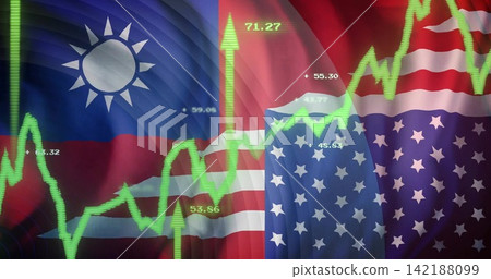 Vertical video: Digital Taiwan-US flag showing green chart with up arrow, numbers after data spike Vertical video: Digital Taiwan-US flag showing green chart with up arrow, numbers after data spike 142188099