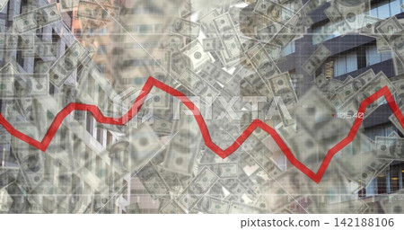 Displaying red jagged trend line cutting across office facades, with grid, dollar bills, markers Displaying red jagged trend line cutting across office facades, with grid, dollar bills, markers 142188106
