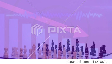 Featuring wooden chessboard showing two-tone set on shiny table, adding purple overlay, down arrow Featuring wooden chessboard showing two-tone set on shiny table, adding purple overlay, down arrow 142188109
