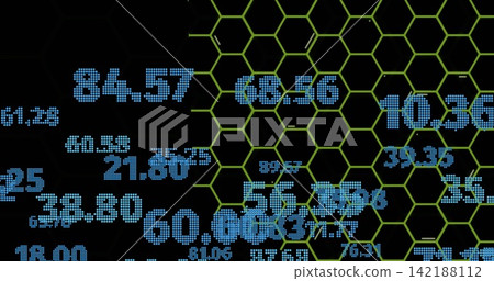 Displaying blue dot-matrix numeric clusters intersecting green hexagonal grid on black HUD canvas Displaying blue dot-matrix numeric clusters intersecting green hexagonal grid on black HUD canvas 142188112
