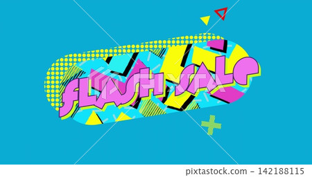 Showing capsule featuring magenta FLASH SALE text on turquoise with yellow halftone band and shapes Showing capsule featuring magenta FLASH SALE text on turquoise with yellow halftone band and shapes 142188115
