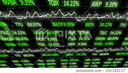 Displaying central ticker on screen, showing green symbols, percentages, white graphs, purple tags Displaying central ticker on screen, showing green symbols, percentages, white graphs, purple tags 142188117