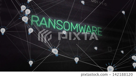 Displaying green RANSOMWARE text glowing over cyber grid, connecting lightbulb node icons Displaying green RANSOMWARE text glowing over cyber grid, connecting lightbulb node icons 142188120