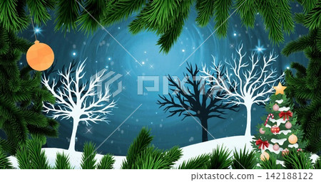 Three bare trees standing on snowy hill under stars, boughs framing, decorated tree, orange bauble Three bare trees standing on snowy hill under stars, boughs framing, decorated tree, orange bauble 142188122
