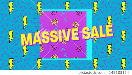 Presenting slanted MASSIVE SALE headline over purple square on promo banner, framed cyan, retro art 142188124