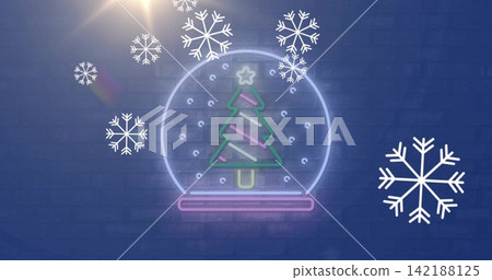 Glowing neon snow globe featuring tree and star on blue brick wall, neon base, snowflakes, lens 142188125
