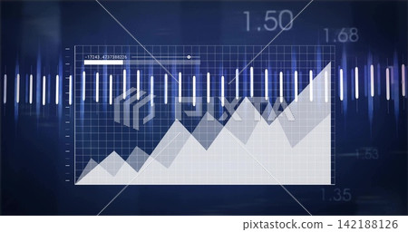 Showing rectangular grid plot with overlapping peaks on dark blue screen, signal bars and label Showing rectangular grid plot with overlapping peaks on dark blue screen, signal bars and label 142188126