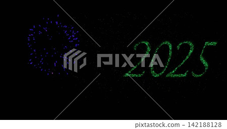 Glowing green 2025 numerals forming glittering particle trails in clear night sky, with blue burst 142188128