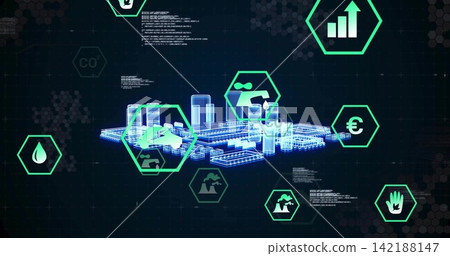 Displaying holographic 3D factory model on grid UI, showing tanks pipes hex icons overlays Displaying holographic 3D factory model on grid UI, showing tanks pipes hex icons overlays 142188147