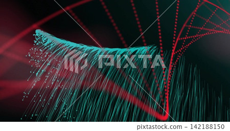 Flowing teal filament cluster arcing toward center in abstract digital scene, with red dotted helix Flowing teal filament cluster arcing toward center in abstract digital scene, with red dotted helix 142188150