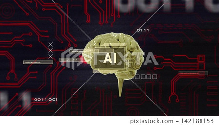 Floating gold 3D brain model hovering over red circuit traces, showing AI label, UI windows Floating gold 3D brain model hovering over red circuit traces, showing AI label, UI windows 142188153
