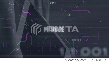 Displaying central MALWARE text dominating cyber graphic with violet circuit traces, hood motif Displaying central MALWARE text dominating cyber graphic with violet circuit traces, hood motif 142188154