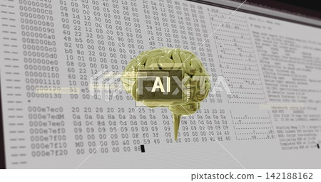 Floating stylized gold brain model hovering above monitor at desk, with HUD and hex dump Floating stylized gold brain model hovering above monitor at desk, with HUD and hex dump 142188162