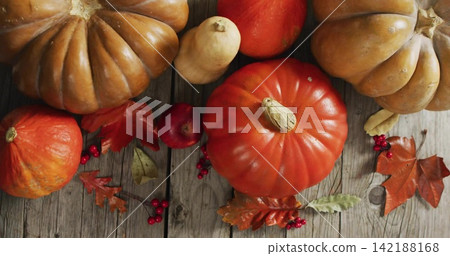 Displaying clustered winter squash on weathered planks, with flat orange pumpkin, butternut gourd Displaying clustered winter squash on weathered planks, with flat orange pumpkin, butternut gourd 142188168