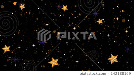 Shimmering gold stars drifting across black field on play, scattering dots, starbursts, spirals 142188169