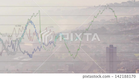 Overlaying market chart showing green blue red lines, grid, candles, pct labels over hazy bay hills Overlaying market chart showing green blue red lines, grid, candles, pct labels over hazy bay hills 142188170