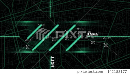 Displaying four glowing diagonal teal bars over HUD street grid, showing target brackets 1926,1154 Displaying four glowing diagonal teal bars over HUD street grid, showing target brackets 1926,1154 142188177