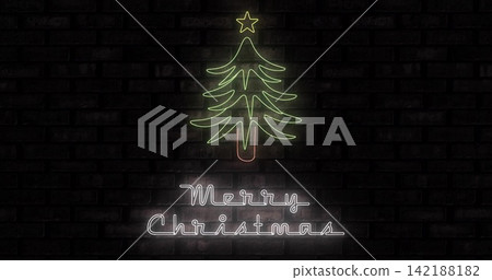 Glowing neon tree, yellow star, pink trunk and Merry Christmas casting soft halos on brick wall Glowing neon tree, yellow star, pink trunk and Merry Christmas casting soft halos on brick wall 142188182