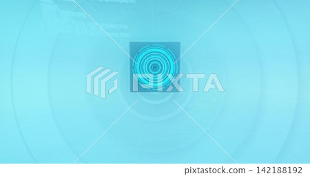 Showing central square panel emitting cyan rings and segmented arcs in digital HUD with faint text 142188192
