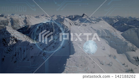 Drone surveying snow-covered ridge running right above alpine peaks at high altitude, HUD overlays Drone surveying snow-covered ridge running right above alpine peaks at high altitude, HUD overlays 142188202