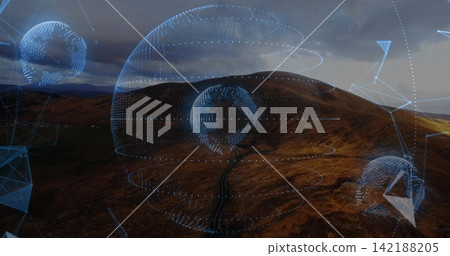 Hovering central dotted globe over moorland valley, projecting rings and network lines by road Hovering central dotted globe over moorland valley, projecting rings and network lines by road 142188205