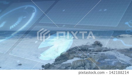 Displaying rocky shoreline with boulders and breaking waves along coastline, with HUD overlay 142188214