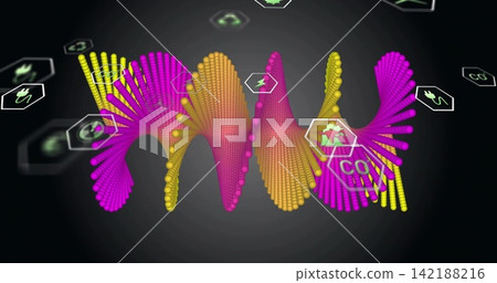Showing magenta-yellow waveform forming from glossy spheres and nodes on virtual stage, hex panels Showing magenta-yellow waveform forming from glossy spheres and nodes on virtual stage, hex panels 142188216