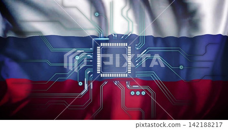 Pulsing chip and circuits radiating across tricolor flag after animation start, showing cyber tech 142188217