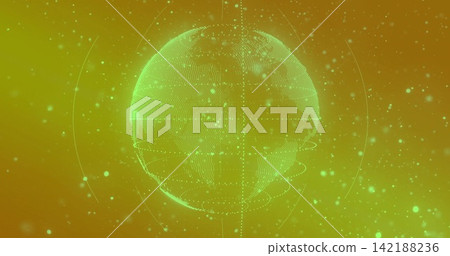 Rotating wireframe globe glowing in virtual display, showing dotted continents and orbit rings Rotating wireframe globe glowing in virtual display, showing dotted continents and orbit rings 142188236