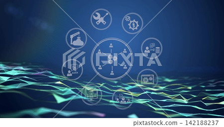 Displaying central hub linking users to gear on blue gradient, with neon mesh and HUD icons Displaying central hub linking users to gear on blue gradient, with neon mesh and HUD icons 142188237