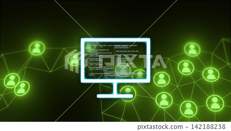 Displaying central monitor icon showing code in cyberspace, with neon user icons and connections Displaying central monitor icon showing code in cyberspace, with neon user icons and connections 142188238