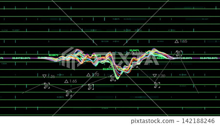Displaying multicolor waveform pulsing on dark display, showing neon-green grid and delta markers Displaying multicolor waveform pulsing on dark display, showing neon-green grid and delta markers 142188246