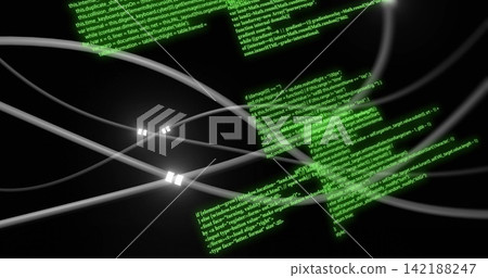 Curving metallic cables overlapping in dark void, emitting white connectors and floating green code Curving metallic cables overlapping in dark void, emitting white connectors and floating green code 142188247