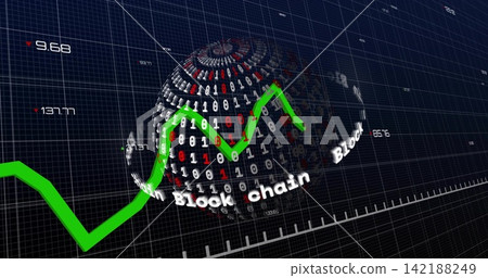 Displaying central 3D binary globe on dark navy grid, showing green line and Block chain text 142188249