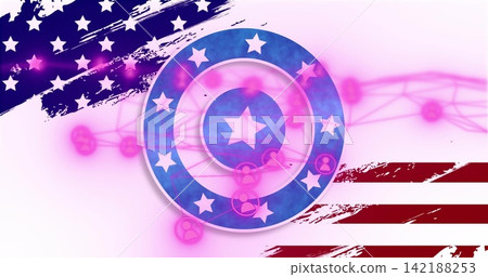 Showing shield emblem occupying center in abstract digital art with central star and pink nodes 142188253