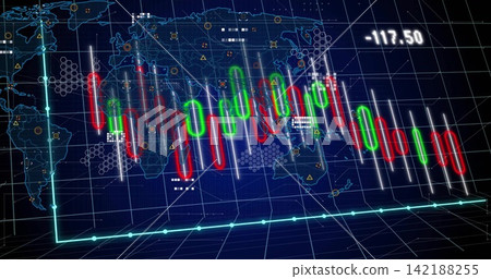 Displaying 3D candlestick bars floating over perspective grid, showing cyan axis and -117 142188255