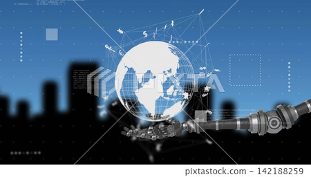 Cradling robotic arm and hand holding white wireframe globe above blurred skyline, network lines 142188259