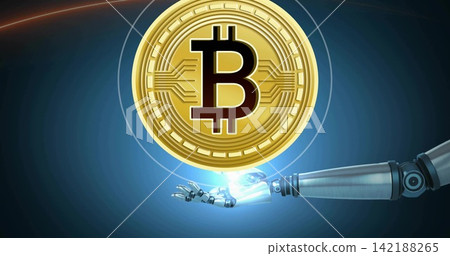 Lifting gold Bitcoin coin floating over glowing robot hand in blue circuitry space with holo rings Lifting gold Bitcoin coin floating over glowing robot hand in blue circuitry space with holo rings 142188265
