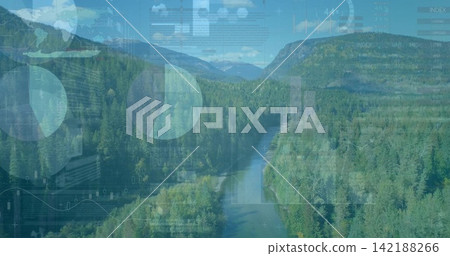 Drone scanning activating HUD overlays, winding river flowing along forest gorge toward peaks Drone scanning activating HUD overlays, winding river flowing along forest gorge toward peaks 142188266