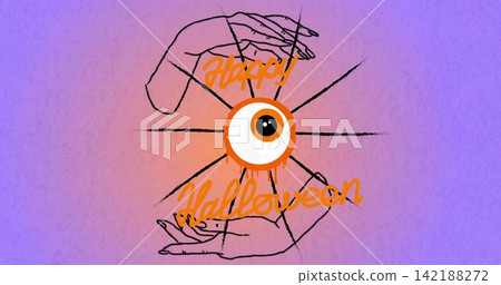 Showing central eyeball dripping orange ring on purple-peach gradient, with hands, Happy Halloween Showing central eyeball dripping orange ring on purple-peach gradient, with hands, Happy Halloween 142188272