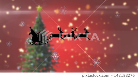 Gliding Santa shadow riding sleigh pulled by three reindeer across holiday card, with tree and star Gliding Santa shadow riding sleigh pulled by three reindeer across holiday card, with tree and star 142188276