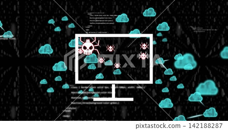 Displaying monitor outline containing pink skulls and bugs in cloud network with cyan nodes code Displaying monitor outline containing pink skulls and bugs in cloud network with cyan nodes code 142188287